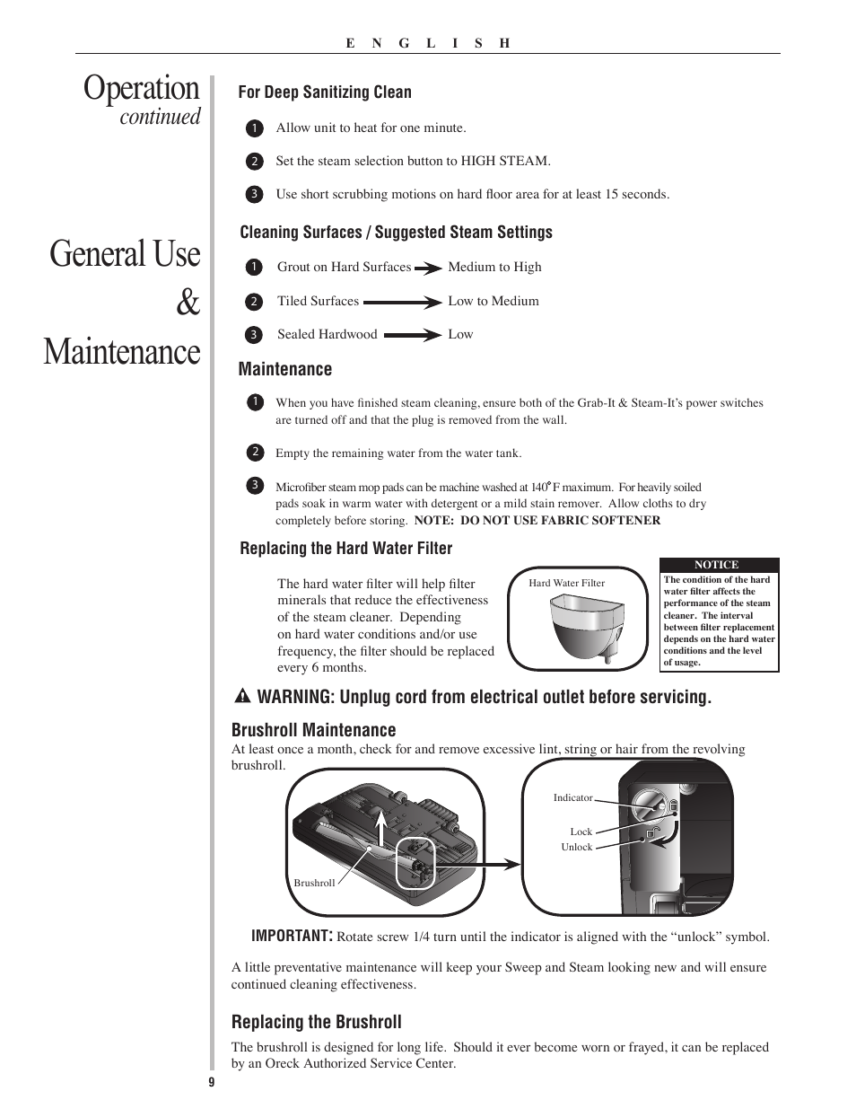 General use & maintenance, Operation, Continued | Brushroll maintenance, Replacing the brushroll, Maintenance | Oreck Grab It & Steam It 22082-01 User Manual | Page 9 / 12