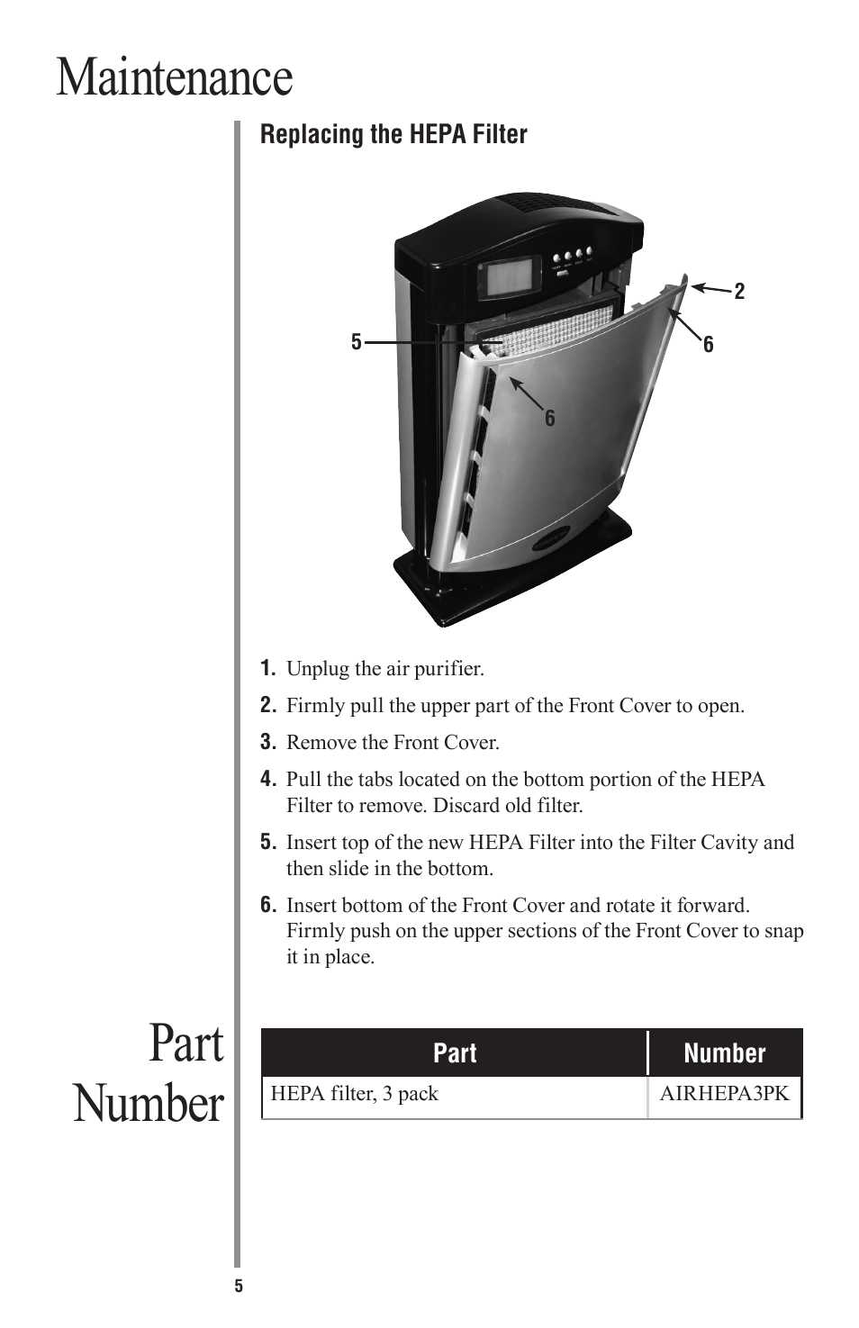 Maintenance, Part number | Oreck ProShield Plus Ai User Manual | Page 8 / 10