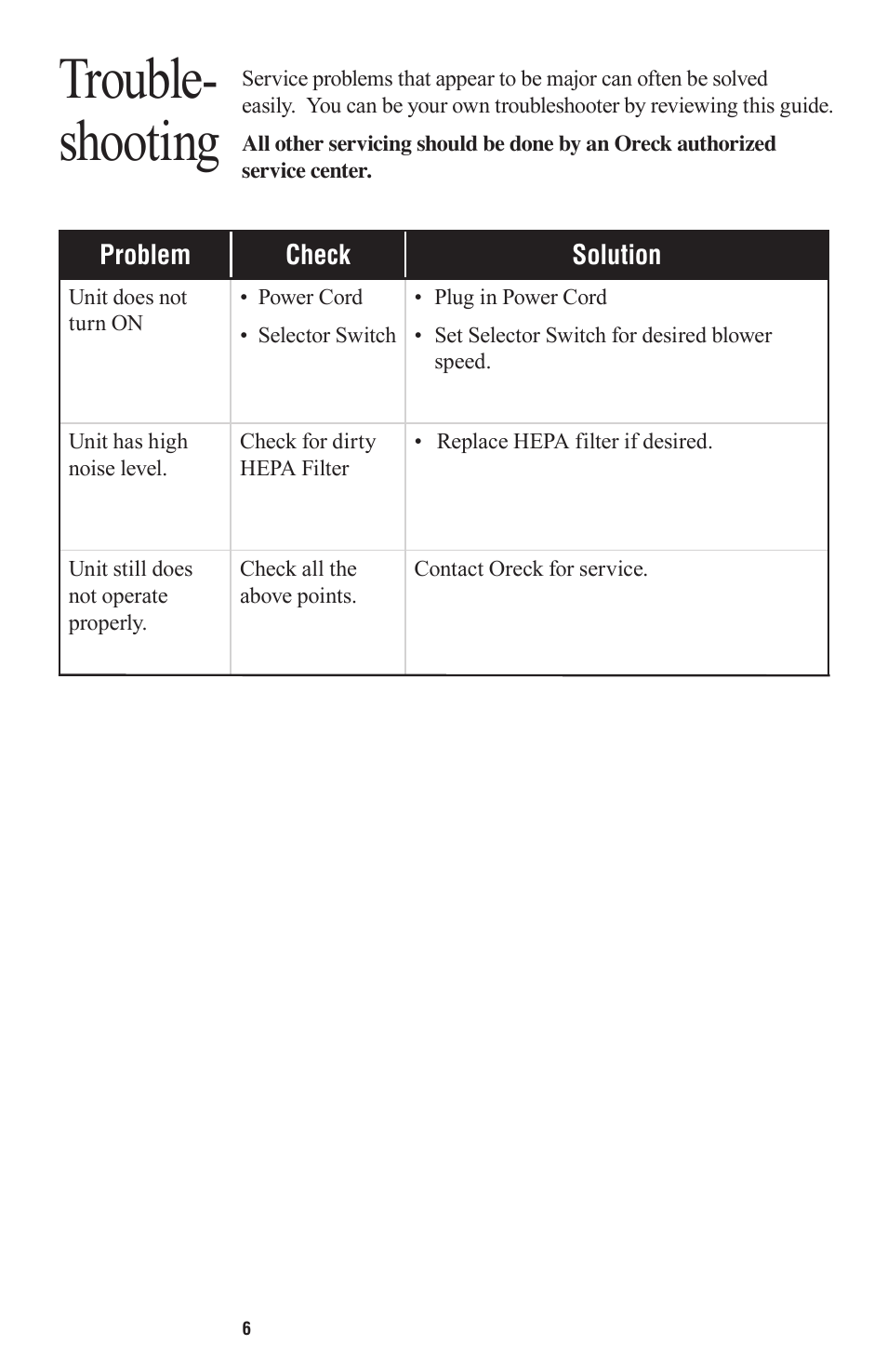 Trouble- shooting | Oreck ProShield Plus Ai User Manual | Page 9 / 10