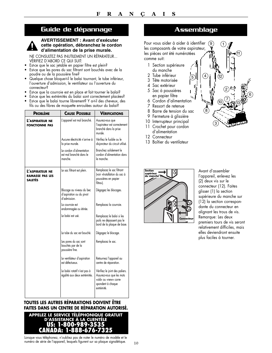 Ssemblage, Uide de dépannage | Oreck XL2250RS User Manual | Page 10 / 20