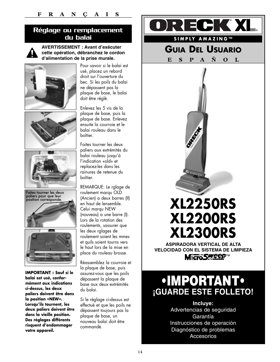 Important, Guarde este folleto | Oreck XL2250RS User Manual | Page 14 / 20