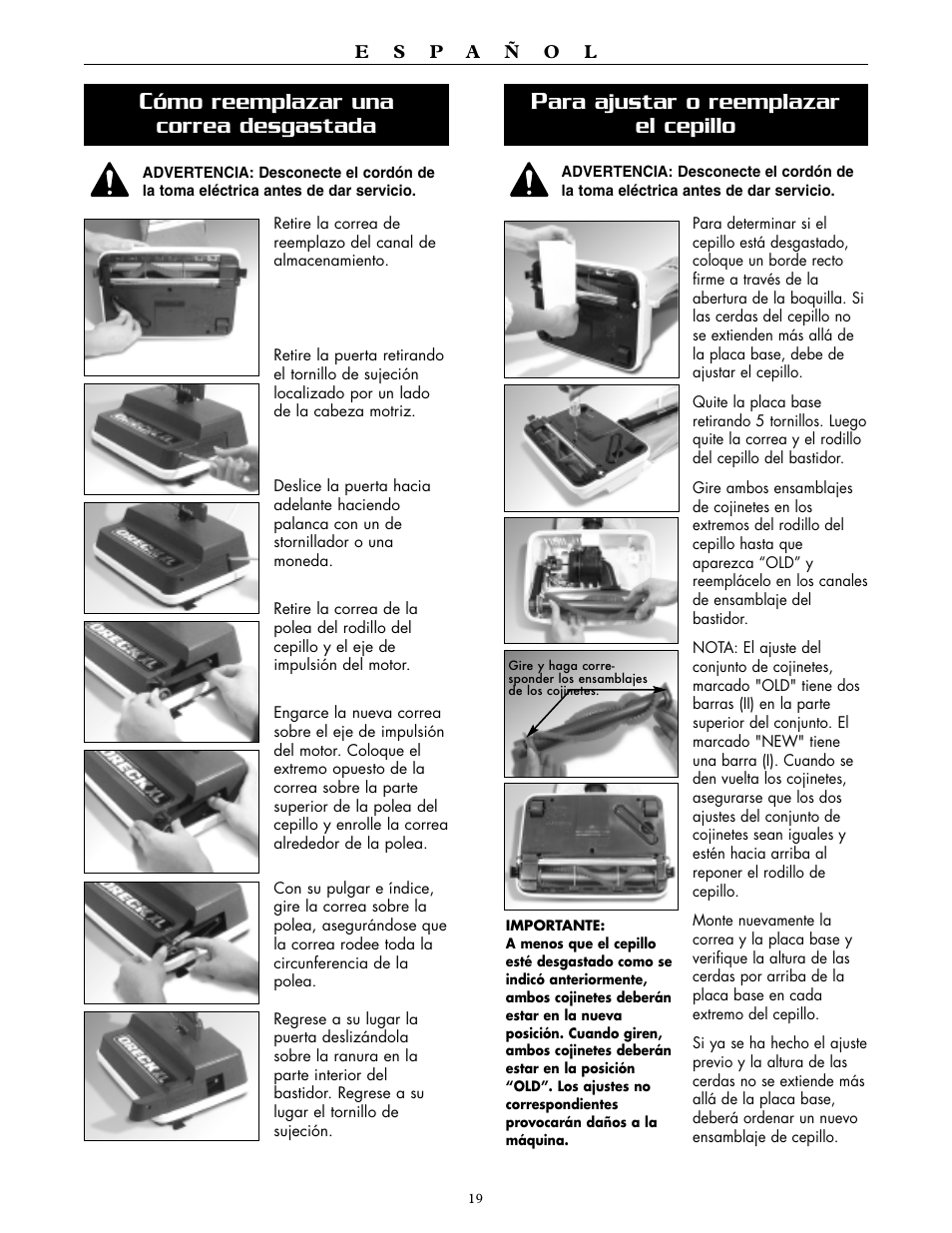 Ómo reemplazar una correa desgastada, Ara ajustar o reemplazar el cepillo | Oreck XL2250RS User Manual | Page 19 / 20