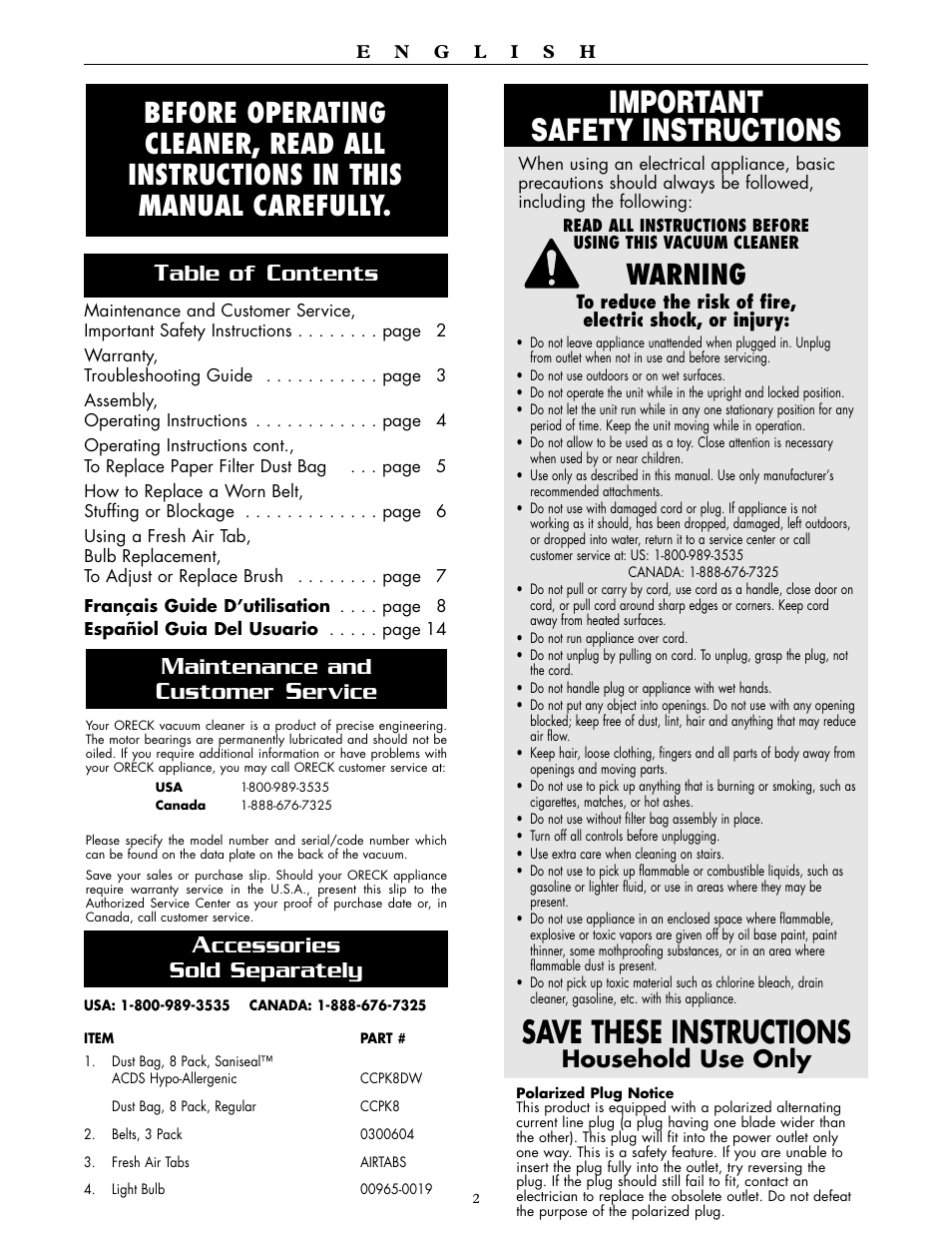 Important safety instructions, Save these instructions, Warning | Able of, Ontents, Aintenance and, Ustomer, Ervice, Ccessories sold separately, Household use only | Oreck XL2250RS User Manual | Page 2 / 20