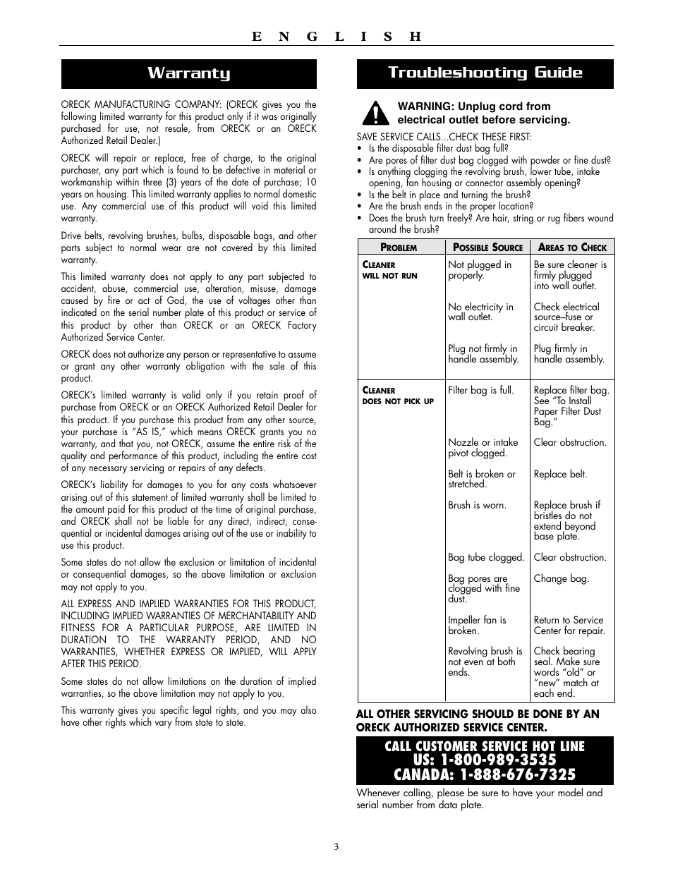 Arranty, Roubleshooting, Uide | Oreck XL2250RS User Manual | Page 3 / 20