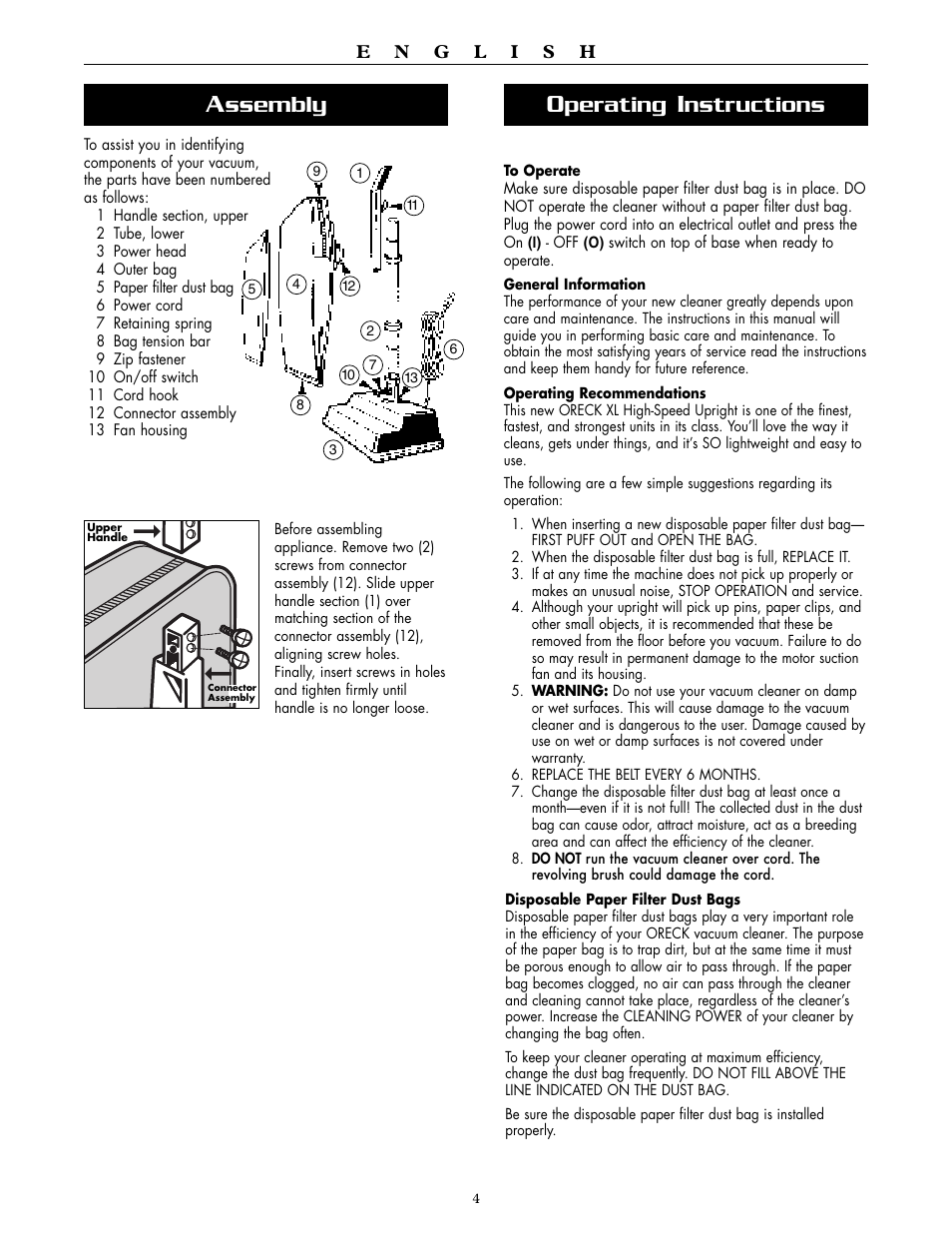 Perating, Nstructions, Ssembly | Oreck XL2250RS User Manual | Page 4 / 20