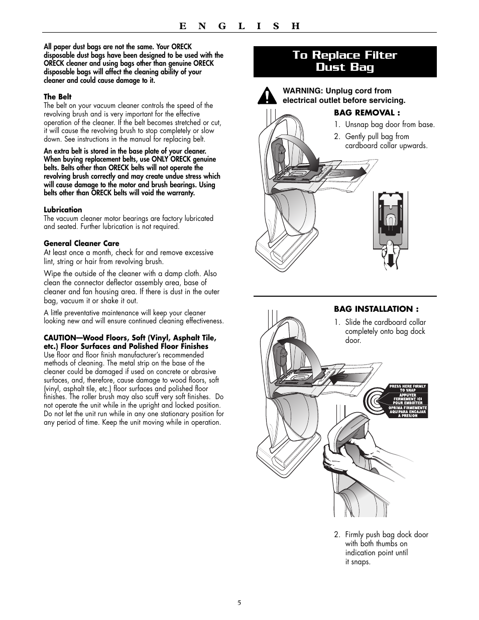 Eplace, Ilter | Oreck XL2250RS User Manual | Page 5 / 20