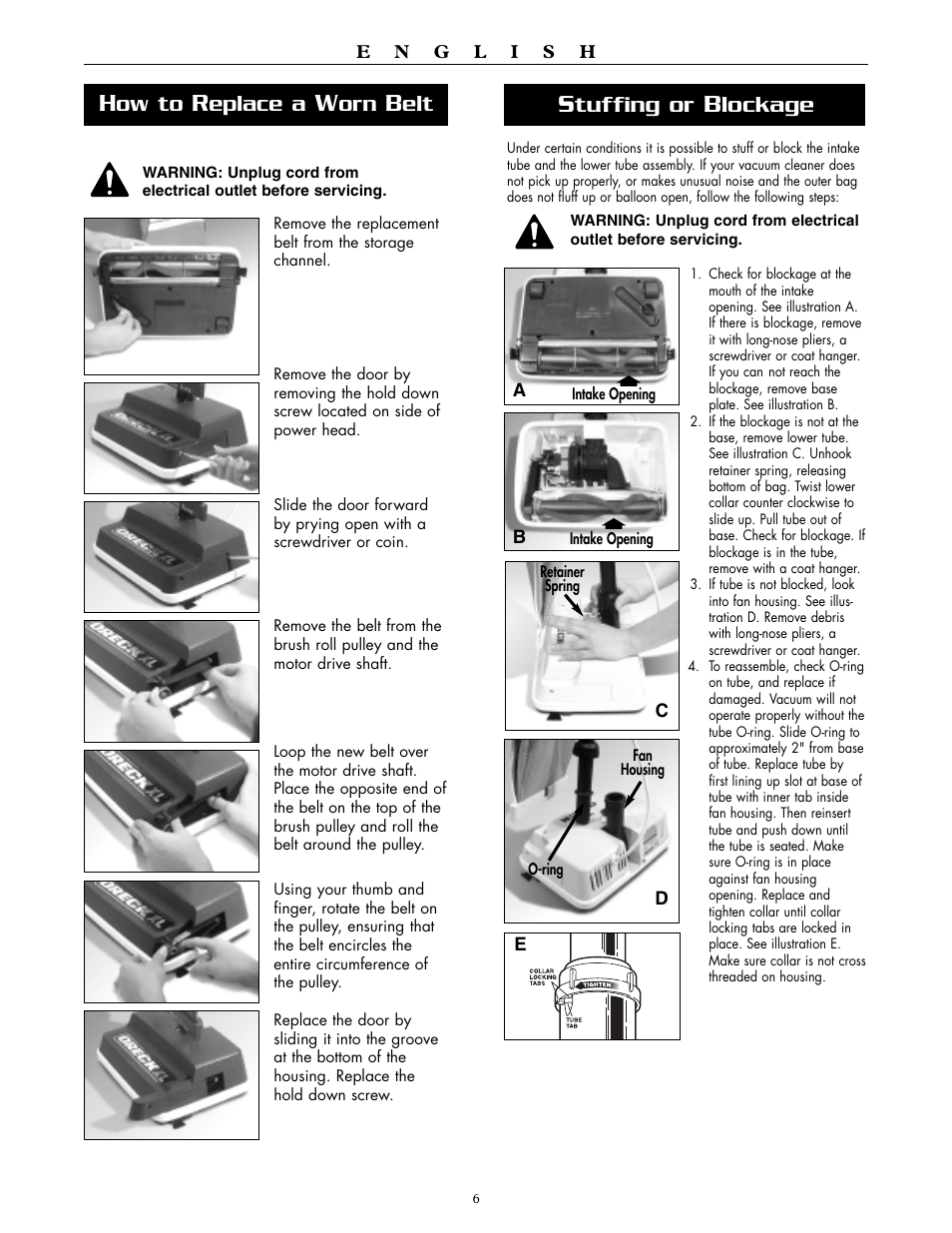 Tuffing or, Lockage, Ow to | Eplace a | Oreck XL2250RS User Manual | Page 6 / 20