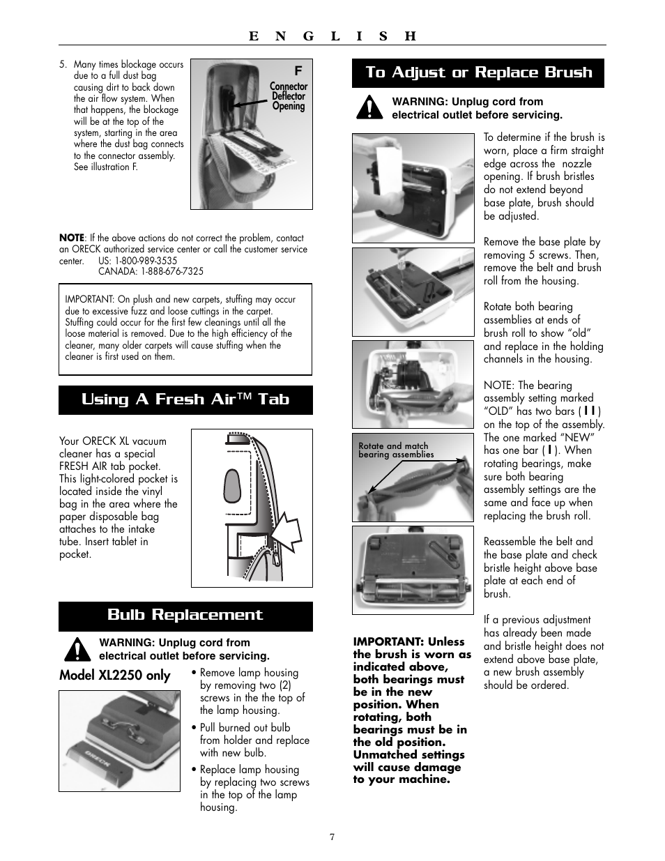 Sing, Resh, Eplacement | Djust or, Eplace, Rush | Oreck XL2250RS User Manual | Page 7 / 20