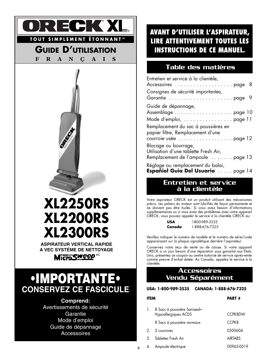 Importante, Conservez ce fascicule, Uide | Utilisation, Ntretien et service à la clientèle, Ccessoires vendu séparément | Oreck XL2250RS User Manual | Page 8 / 20