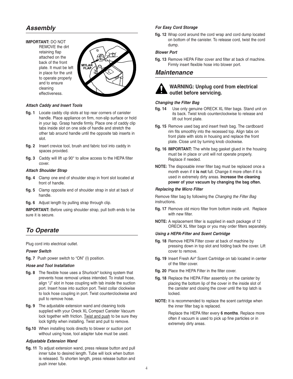 Maintenance, Assembly | Oreck BB1005 User Manual | Page 5 / 8