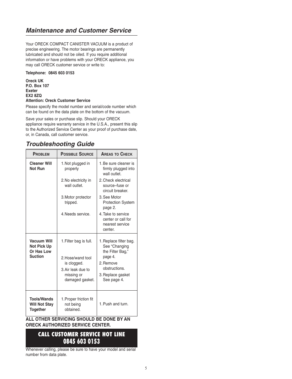 Maintenance and customer service, Troubleshooting guide, Call customer service hot line | Oreck BB1005 User Manual | Page 6 / 8