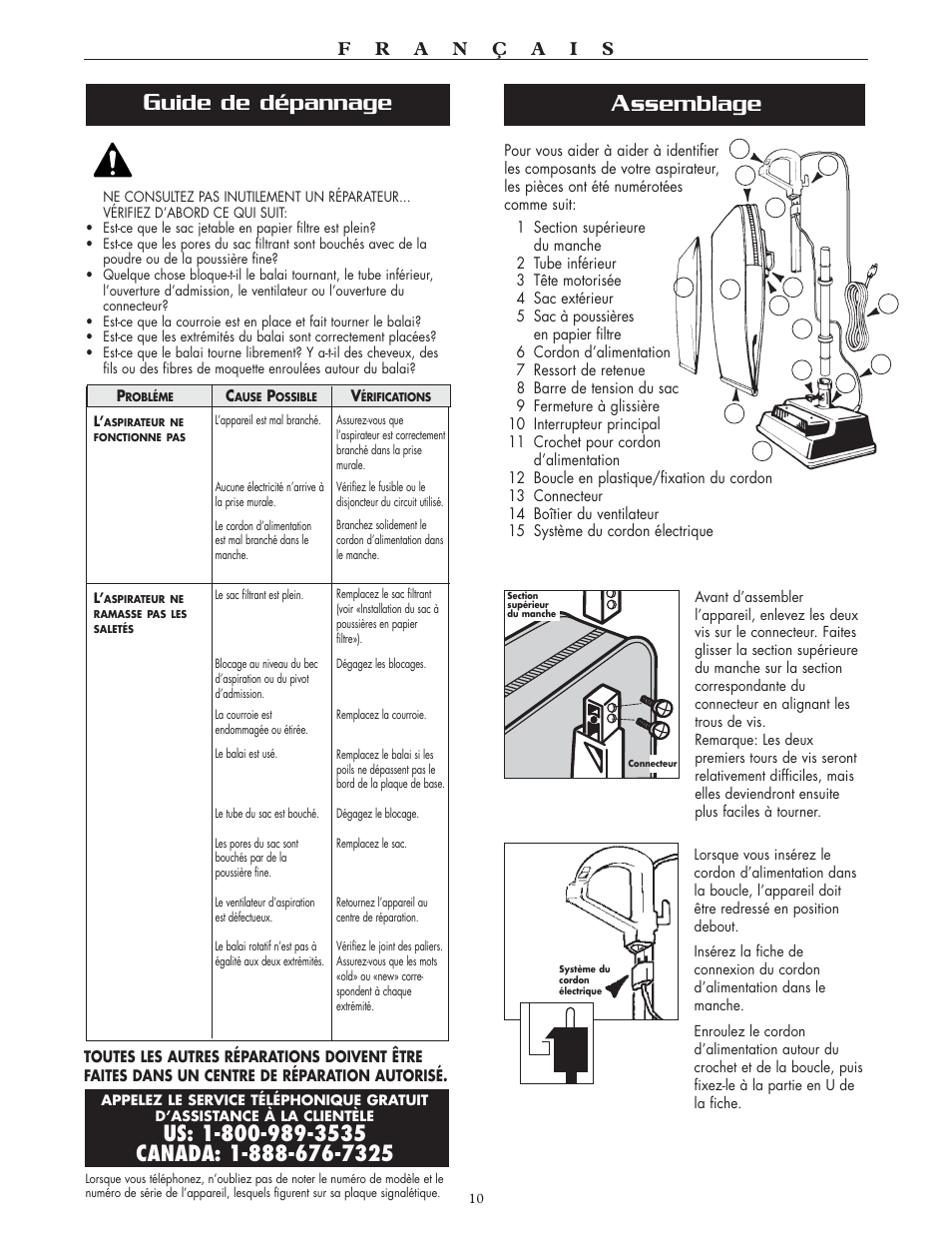 Ssemblage, Uide de dépannage | Oreck XL2700HH User Manual | Page 10 / 20