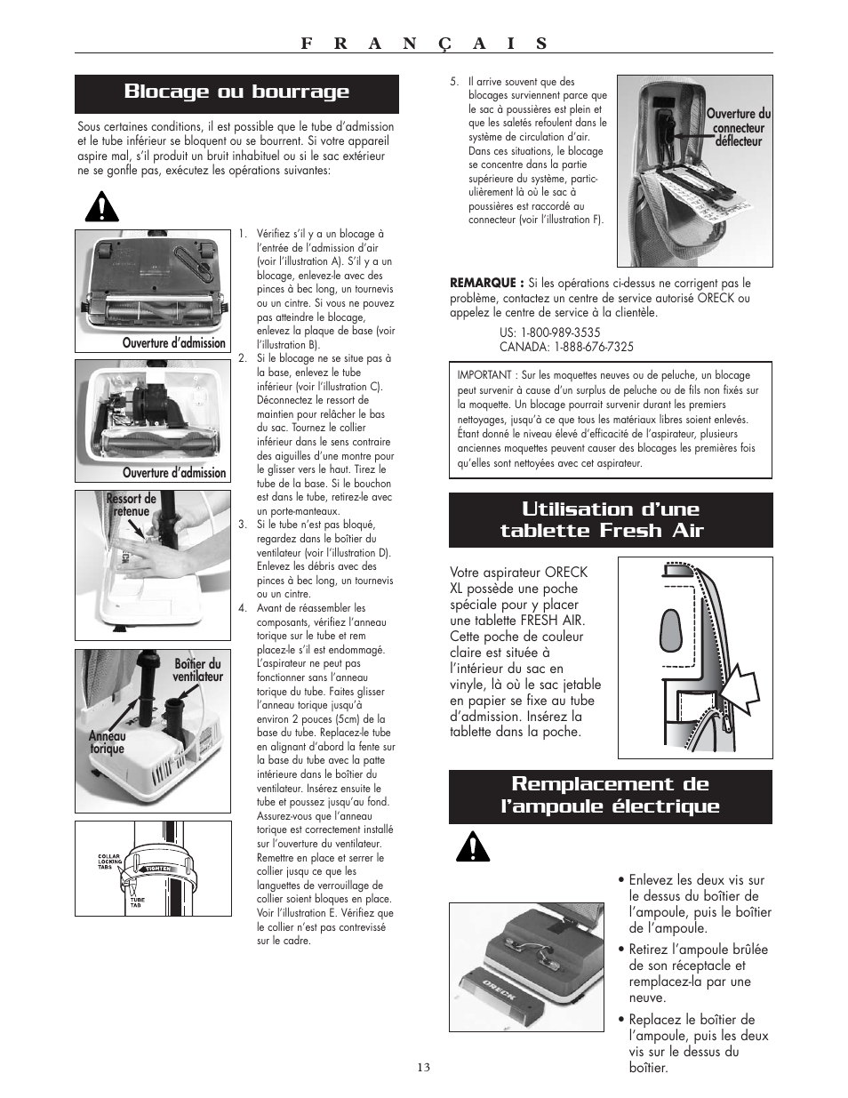 Emplacement de l’ampoule électrique, Tilisation d’une tablette, Resh | Locage ou bourrage | Oreck XL2700HH User Manual | Page 13 / 20