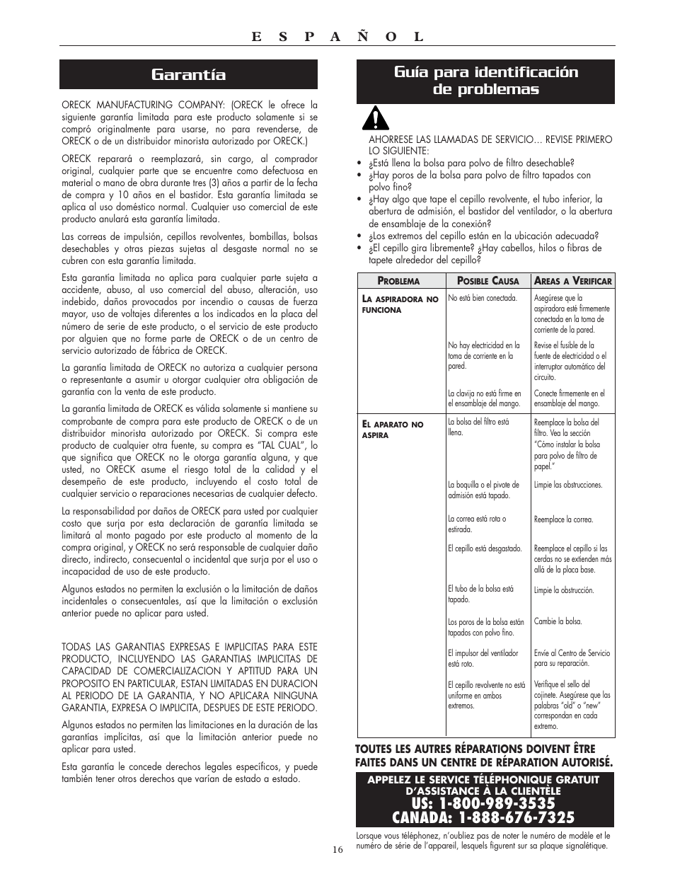 Arantía, Uía para identificación de problemas | Oreck XL2700HH User Manual | Page 16 / 20