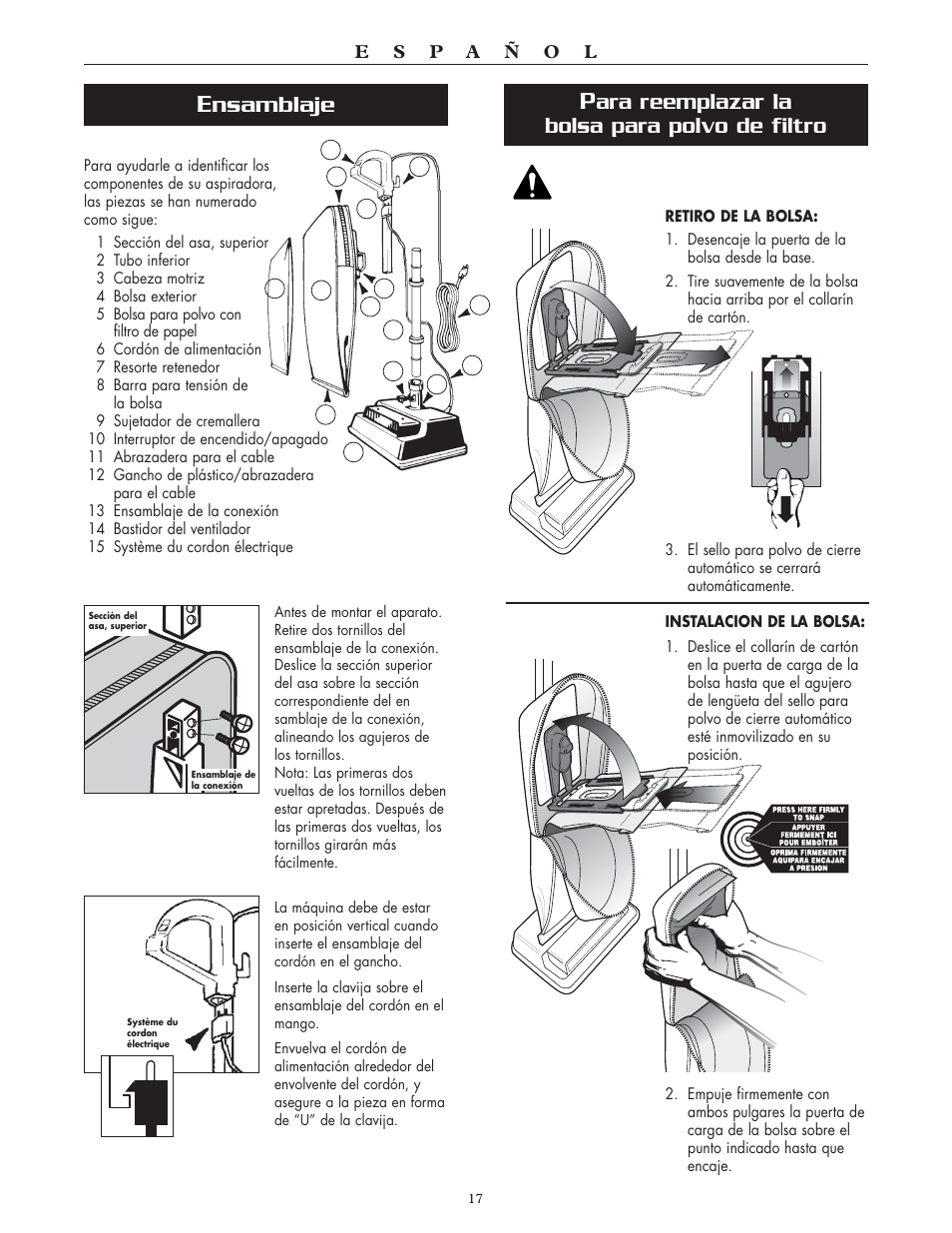 Ara reemplazar la bolsa para polvo de filtro, Nsamblaje | Oreck XL2700HH User Manual | Page 17 / 20