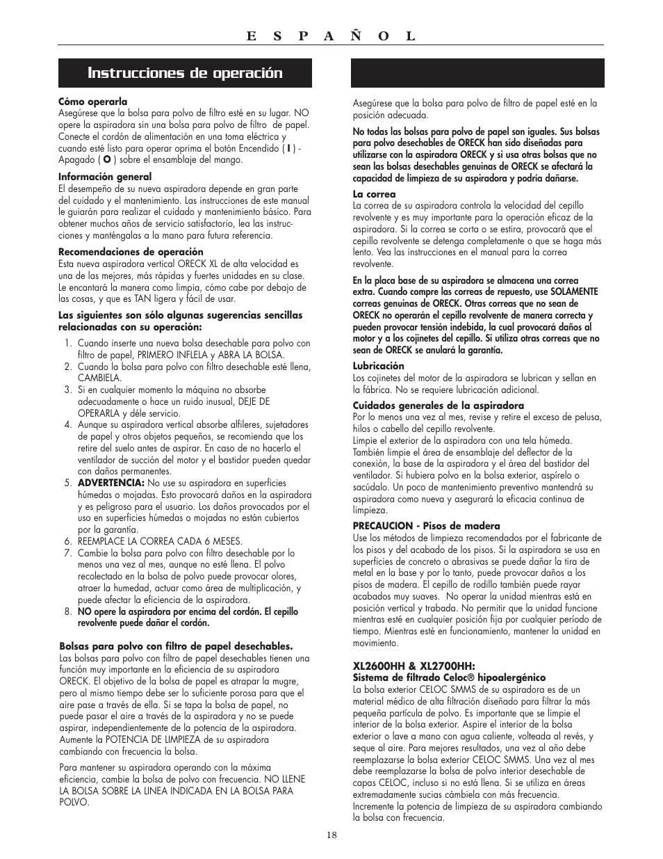 Nstrucciones de operación | Oreck XL2700HH User Manual | Page 18 / 20