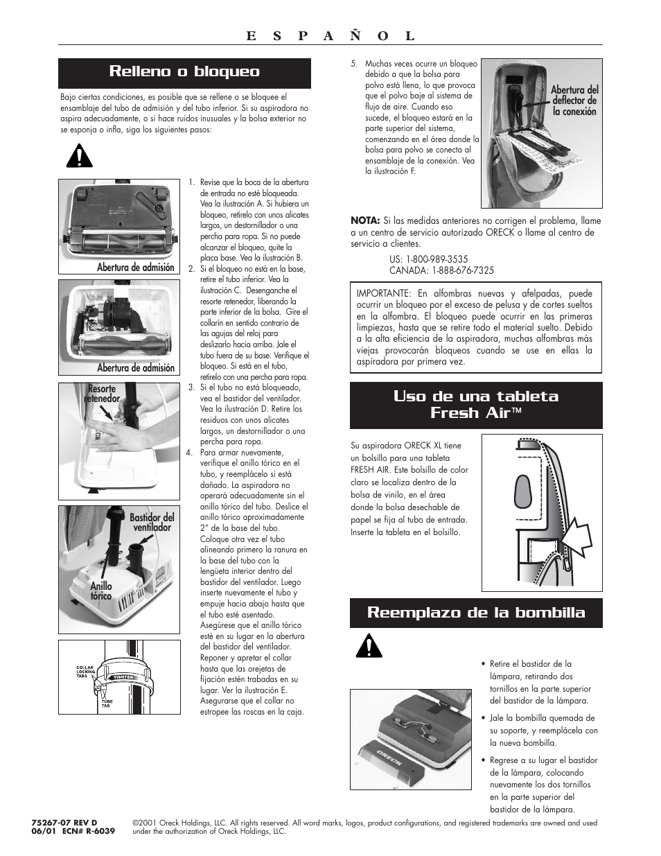 So de una tableta, Resh, Elleno o bloqueo | Eemplazo de la bombilla | Oreck XL2700HH User Manual | Page 20 / 20