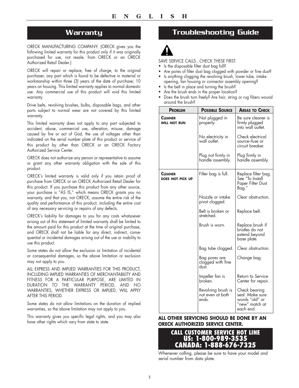 Arranty, Roubleshooting, Uide | Oreck XL2700HH User Manual | Page 3 / 20