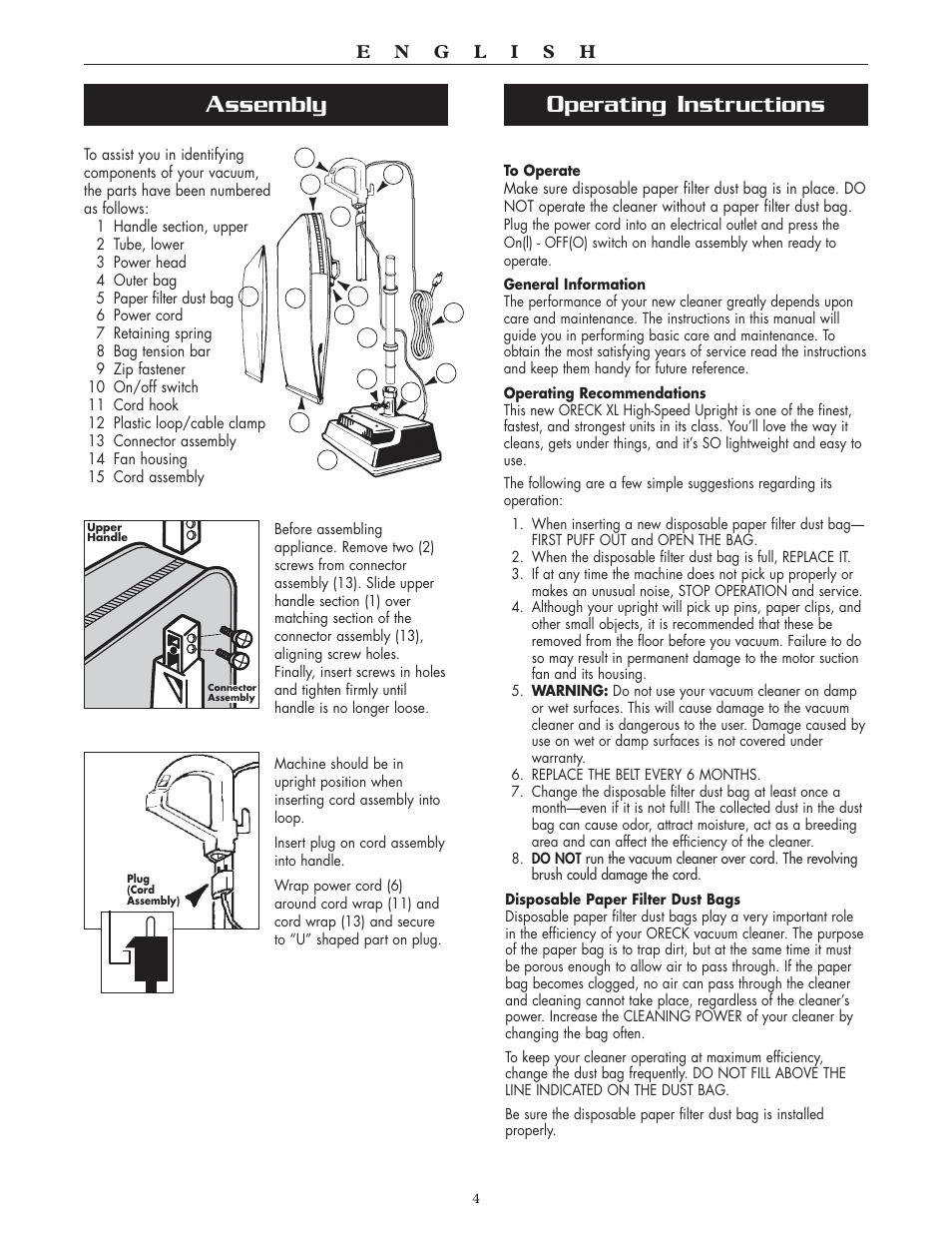 Perating, Nstructions, Ssembly | Oreck XL2700HH User Manual | Page 4 / 20