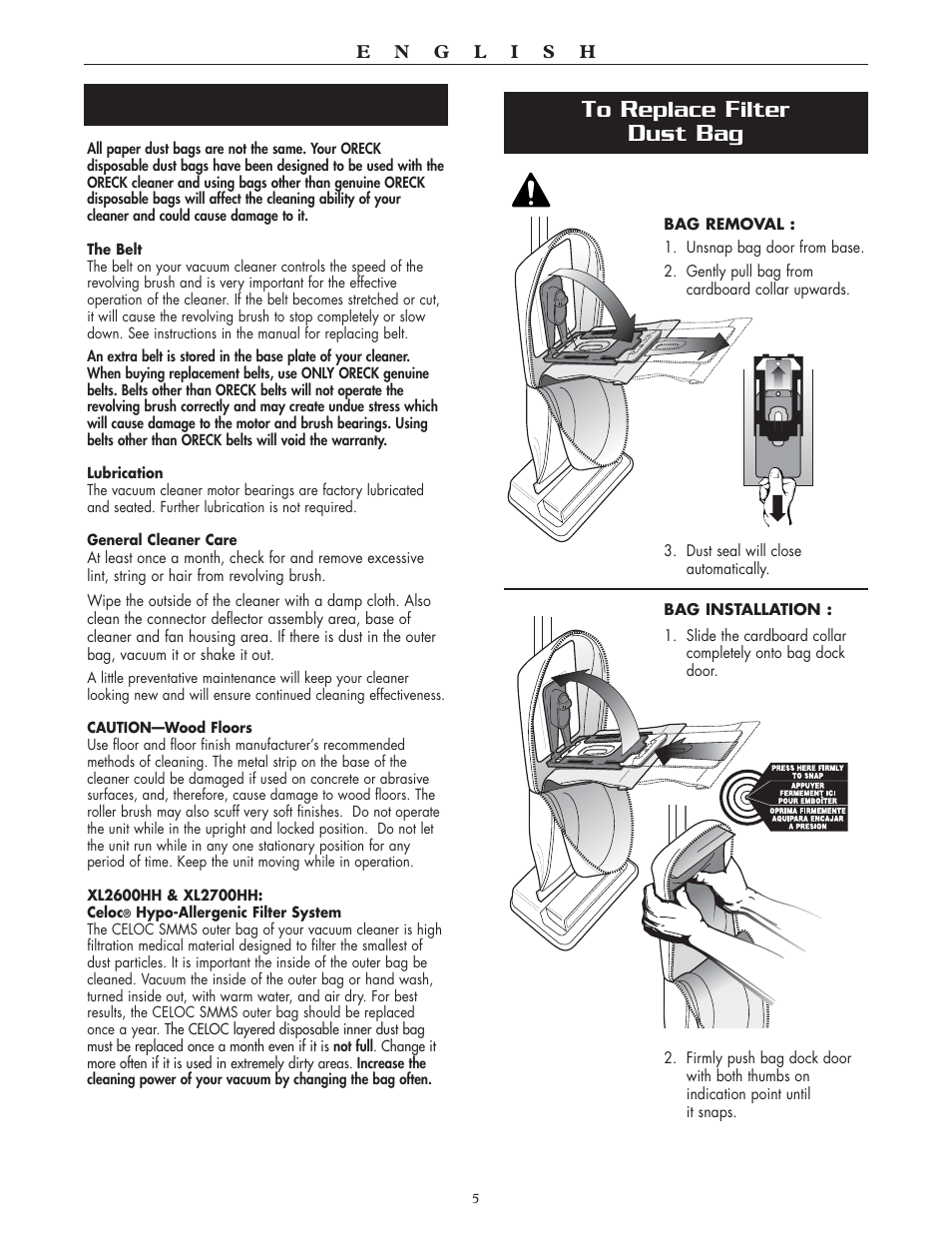 Eplace, Ilter | Oreck XL2700HH User Manual | Page 5 / 20