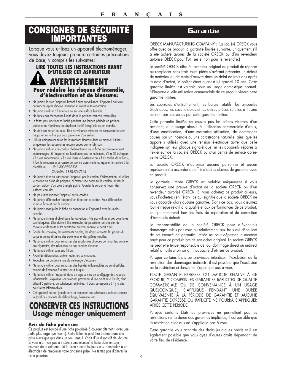 Consignes de sécurité importantes, Conserver ces instructions, Avertissement | Arantie, Usage ménager uniquement | Oreck XL2700HH User Manual | Page 9 / 20