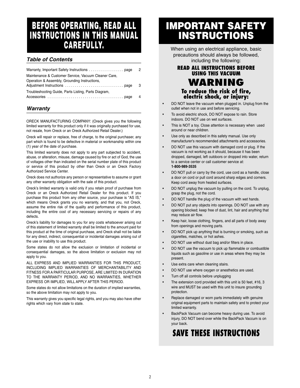 Important safety instructions, Warning, Save these instructions | Oreck XLPRO6 User Manual | Page 2 / 4