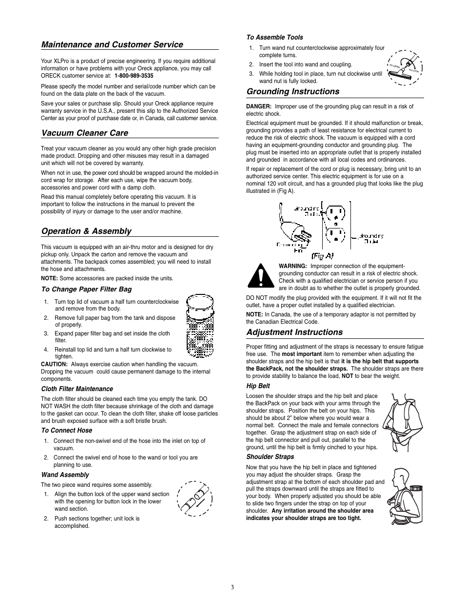 Maintenance and customer service, Vacuum cleaner care, Operation & assembly | Grounding instructions, Adjustment instructions | Oreck XLPRO6 User Manual | Page 3 / 4