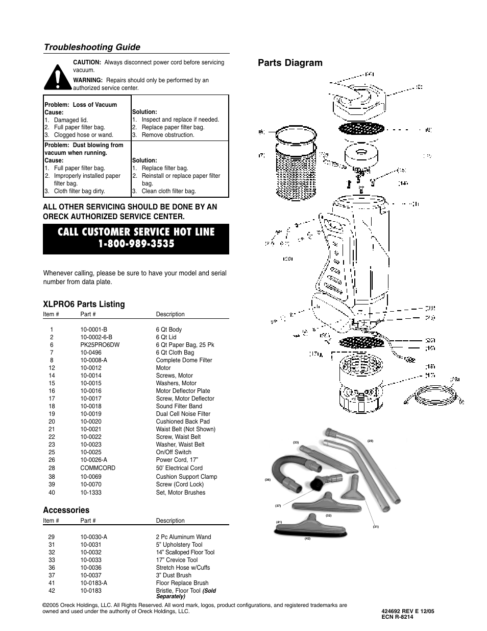 Parts diagram, Troubleshooting guide, Xlpro6 parts listing | Accessories | Oreck XLPRO6 User Manual | Page 4 / 4