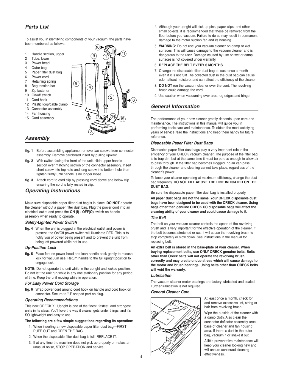 General information, Parts list, Assembly | Operating instructions | Oreck XL3640HH User Manual | Page 5 / 8