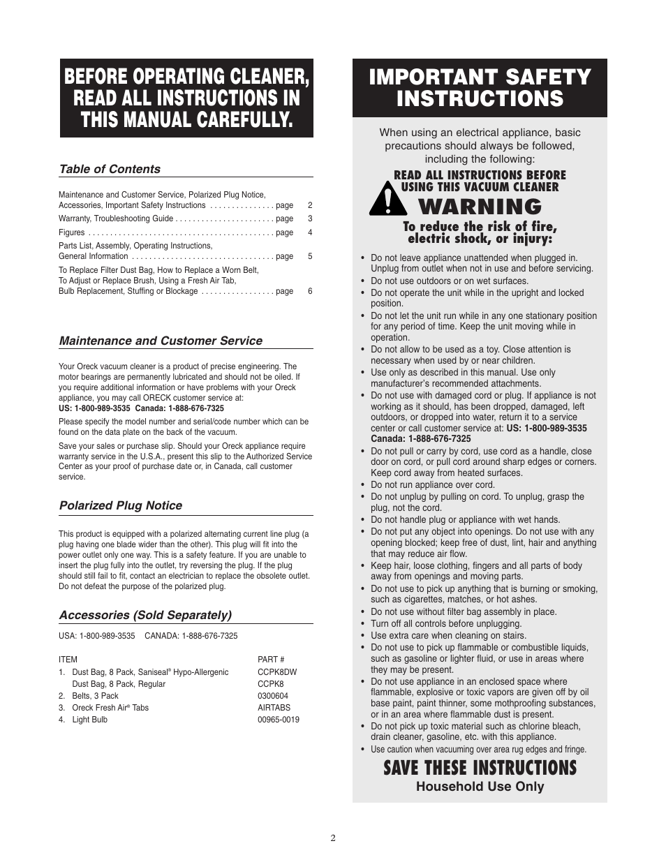 Important safety instructions, Warning, Save these instructions | Oreck XL3600RH User Manual | Page 2 / 8