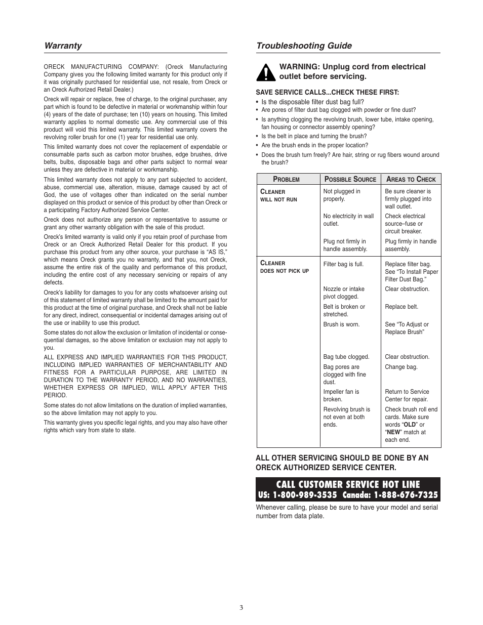 Call customer service hot line, Warranty, Troubleshooting guide | Oreck XL3600RH User Manual | Page 3 / 8