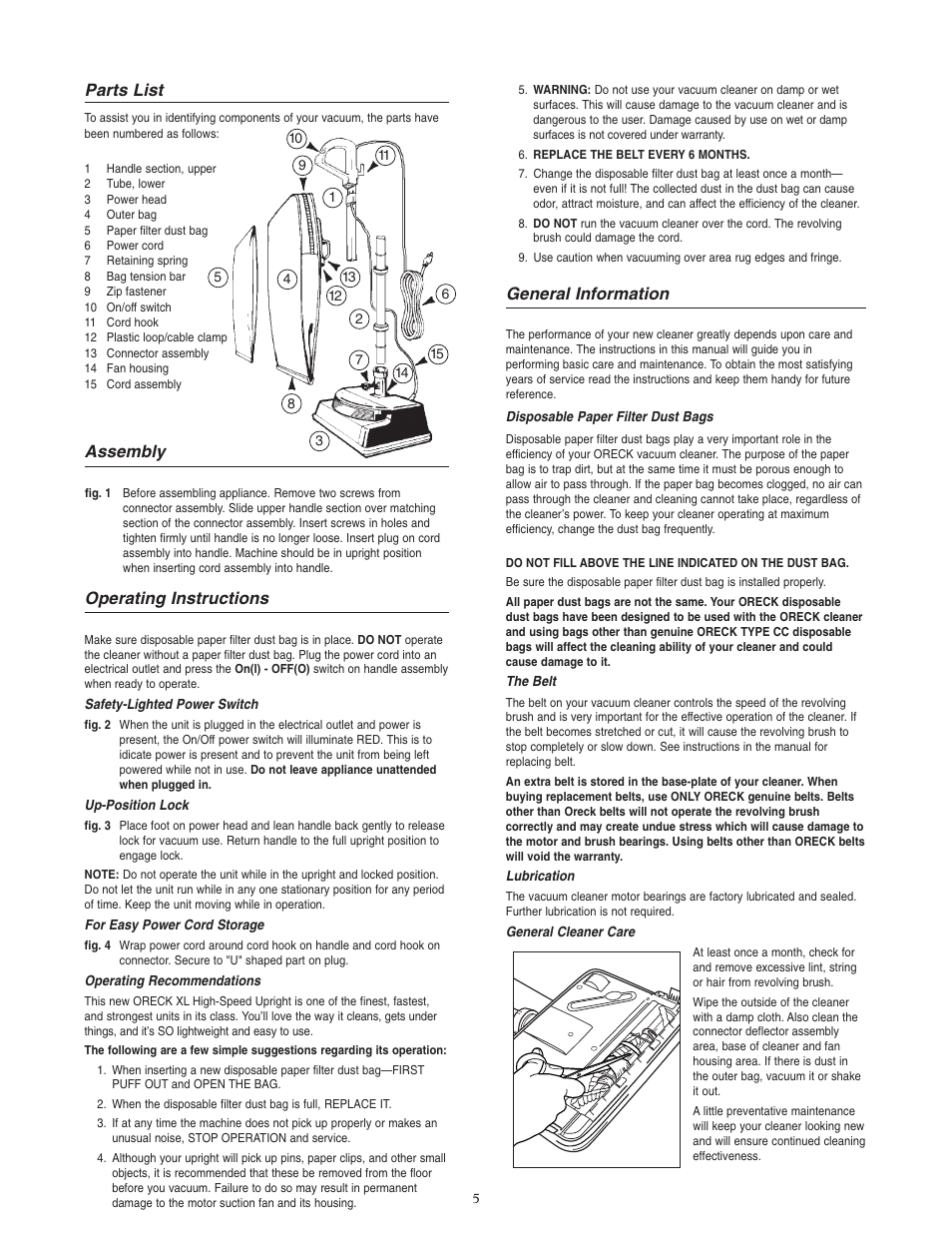 Parts list, Assembly, Operating instructions | General information | Oreck XL3600RH User Manual | Page 5 / 8