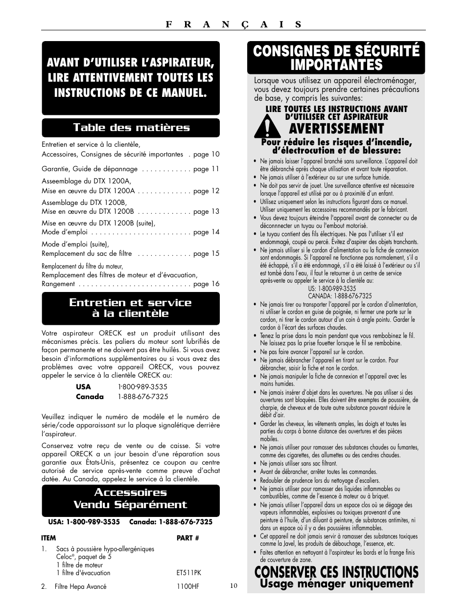 Avertissement, Ccessoires vendu séparément, Ntretien et service à la clientèle | Usage ménager uniquement | Oreck DTX 1200B User Manual | Page 10 / 24