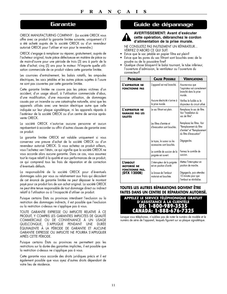 Arantie, Uide de dépannage | Oreck DTX 1200B User Manual | Page 11 / 24