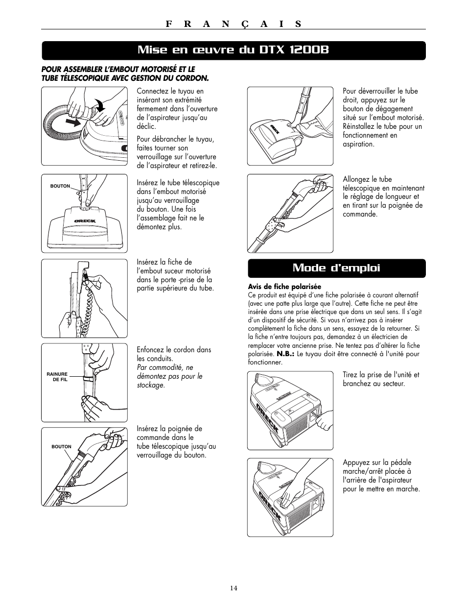 Mise en œuvre du dtx 1200b, Ode d’emploi | Oreck DTX 1200B User Manual | Page 14 / 24