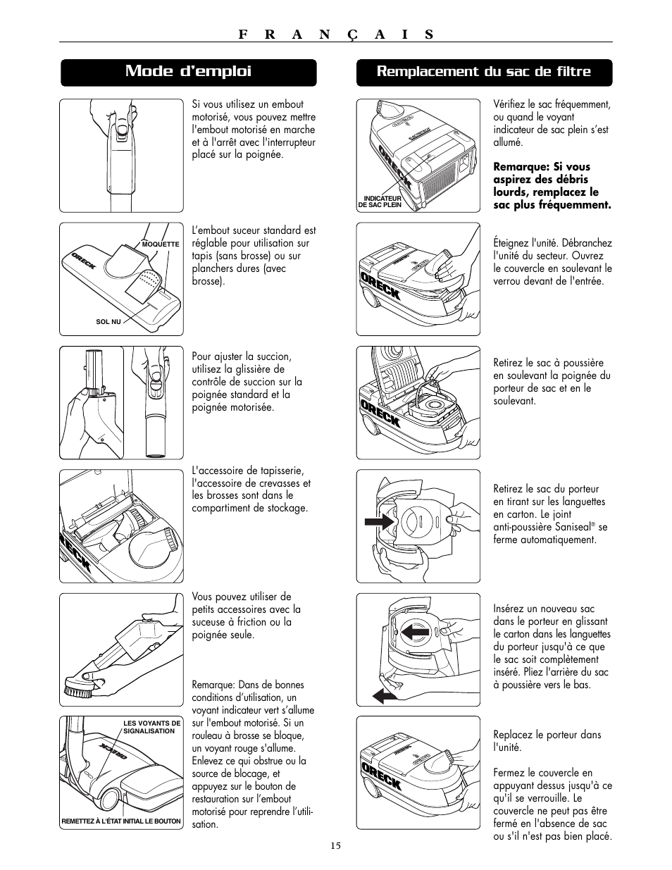 Ode d’emploi, Emplacement du sac de filtre | Oreck DTX 1200B User Manual | Page 15 / 24