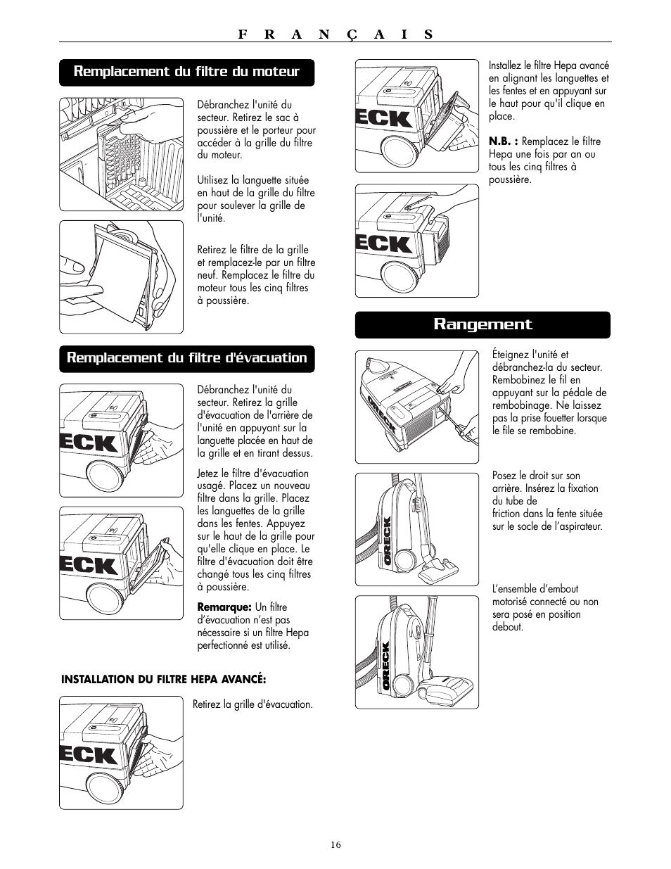 Angement, Emplacement du filtre du moteur, Emplacement du filtre d'évacuation | Oreck DTX 1200B User Manual | Page 16 / 24