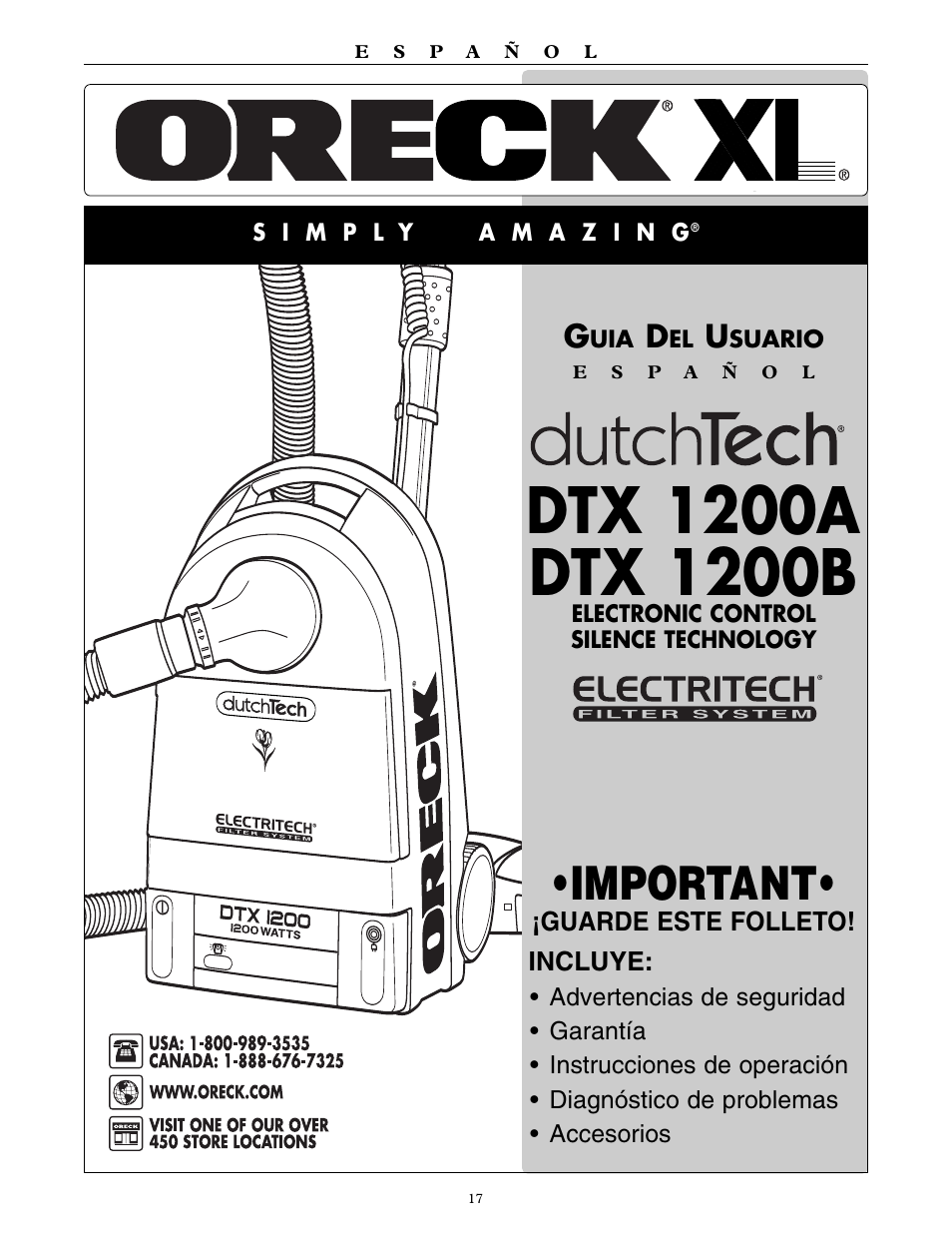 Important, Guarde este folleto! incluye | Oreck DTX 1200B User Manual | Page 17 / 24