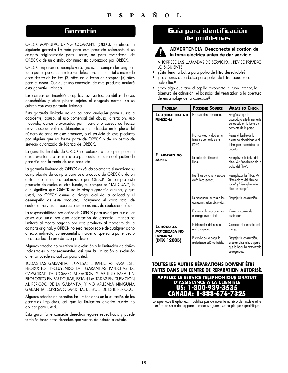 Arantía, Uía para identificación de problemas | Oreck DTX 1200B User Manual | Page 19 / 24