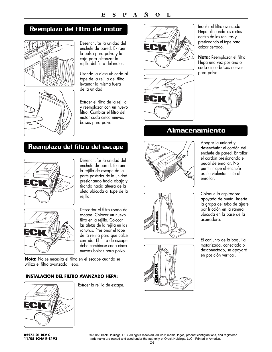 Lmacenamiento, Eemplazo del filtro del motor, Eemplazo del filtro del escape | Oreck DTX 1200B User Manual | Page 24 / 24