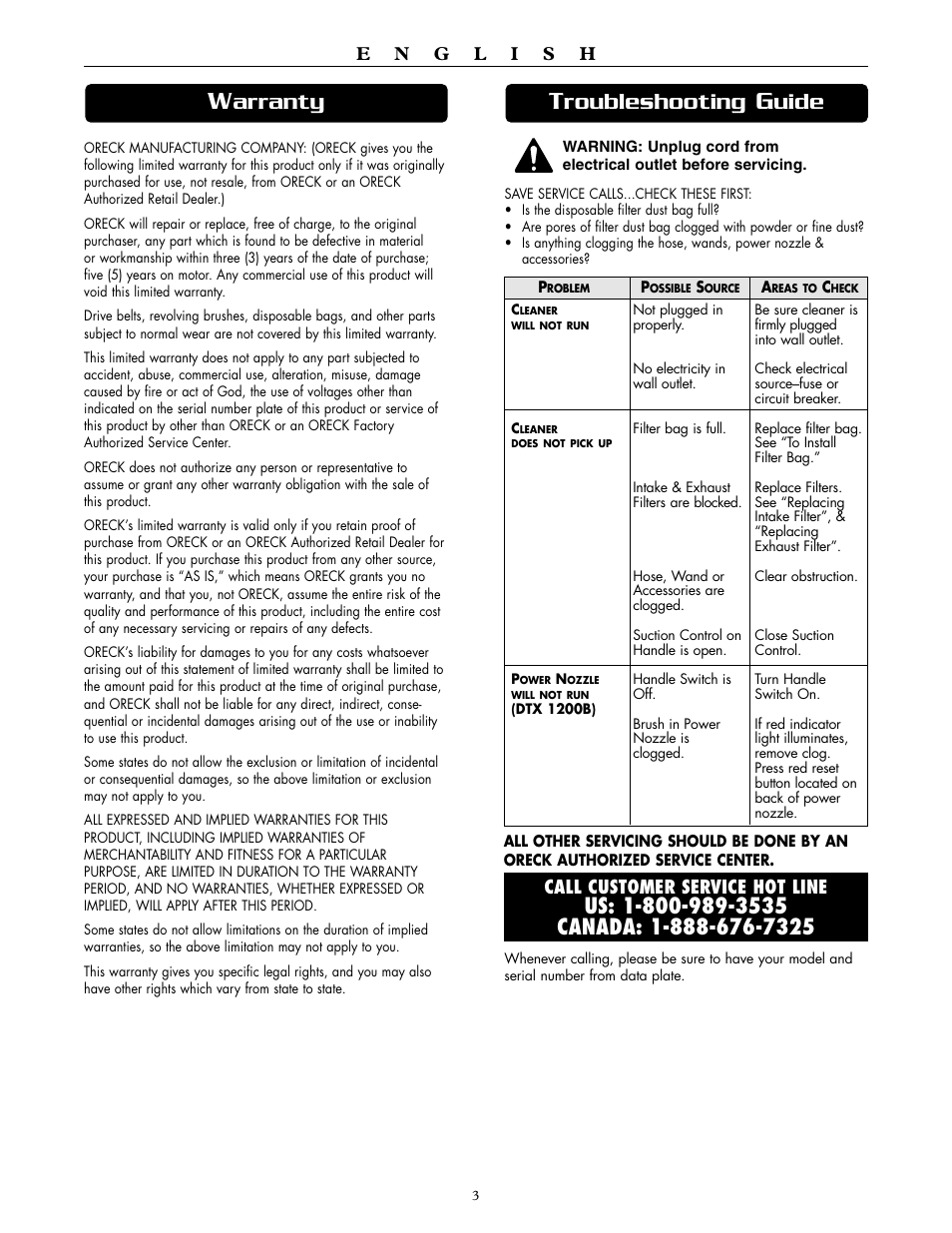 Roubleshooting, Uide, Arranty | Oreck DTX 1200B User Manual | Page 3 / 24