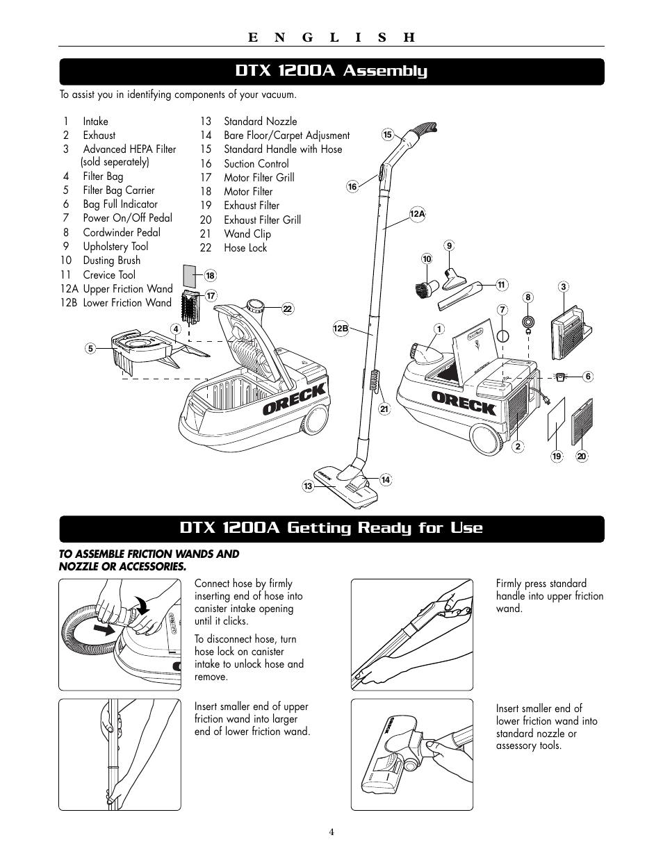 Dtx 1200a a, Dtx 1200a g, Ssembly | Etting, Eady for | Oreck DTX 1200B User Manual | Page 4 / 24