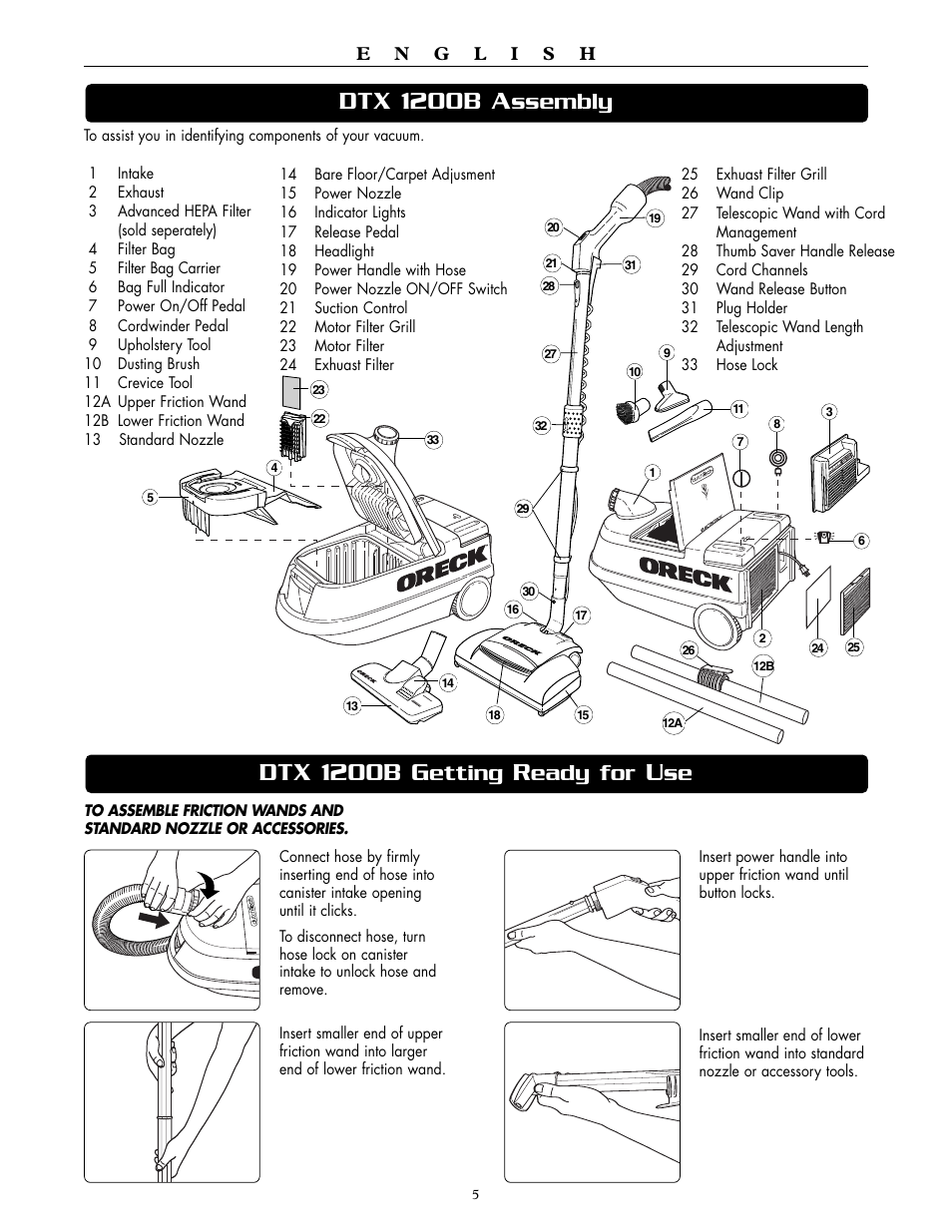 Dtx 1200b a, Dtx 1200b g, Ssembly | Etting, Eady for | Oreck DTX 1200B User Manual | Page 5 / 24