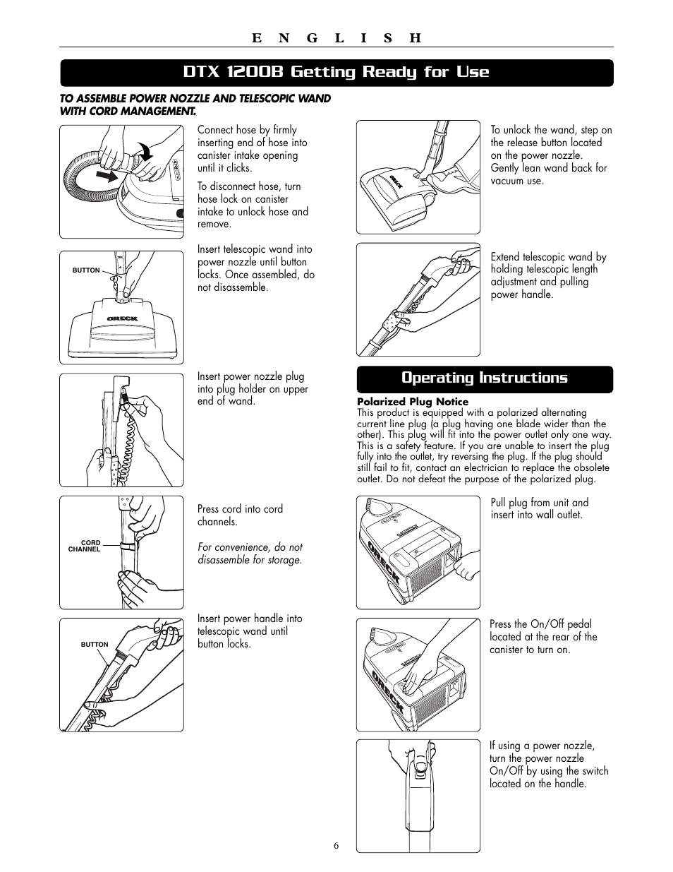 Dtx 1200b g, Etting, Eady for | Perating, Nstructions | Oreck DTX 1200B User Manual | Page 6 / 24