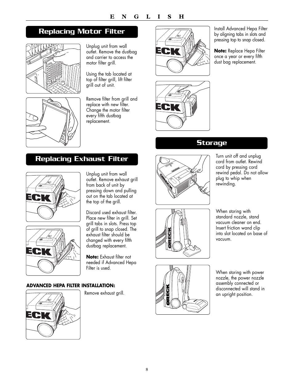 Motor f, Eplacing, Ilter | Xhaust, Torage | Oreck DTX 1200B User Manual | Page 8 / 24