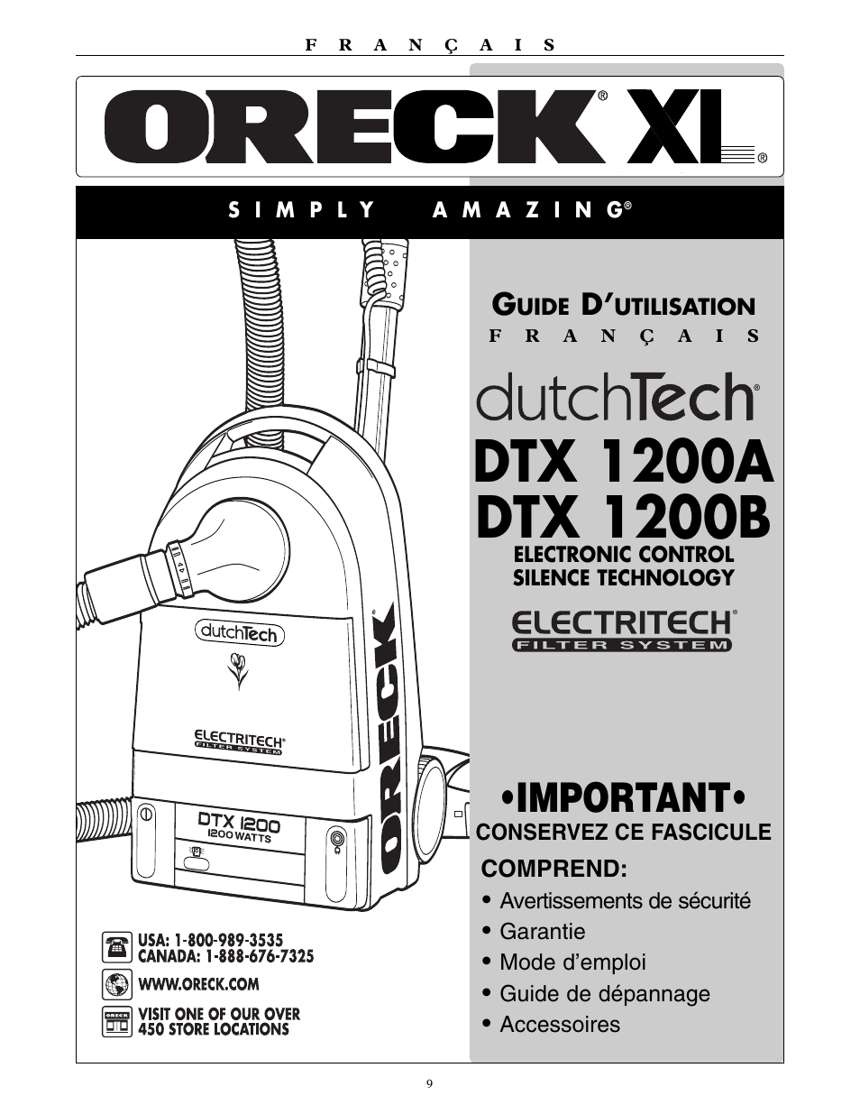 Important, Comprend | Oreck DTX 1200B User Manual | Page 9 / 24