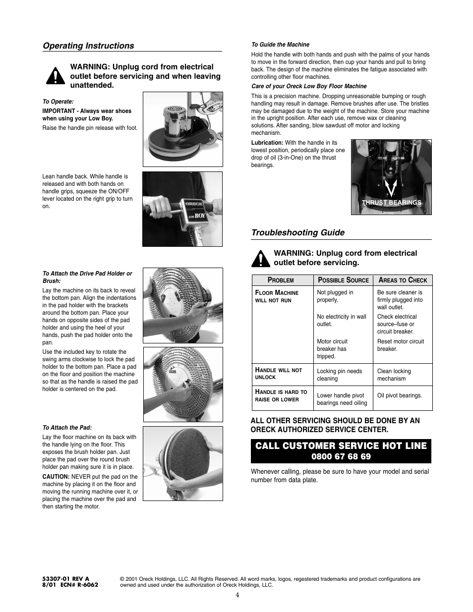 Call customer service hot line, Operating instructions, Troubleshooting guide | Oreck XL S I M P L Y A M A Z I N G LOW BOY INDUSTRIAL FLOOR MACHINE LB8005 User Manual | Page 4 / 4