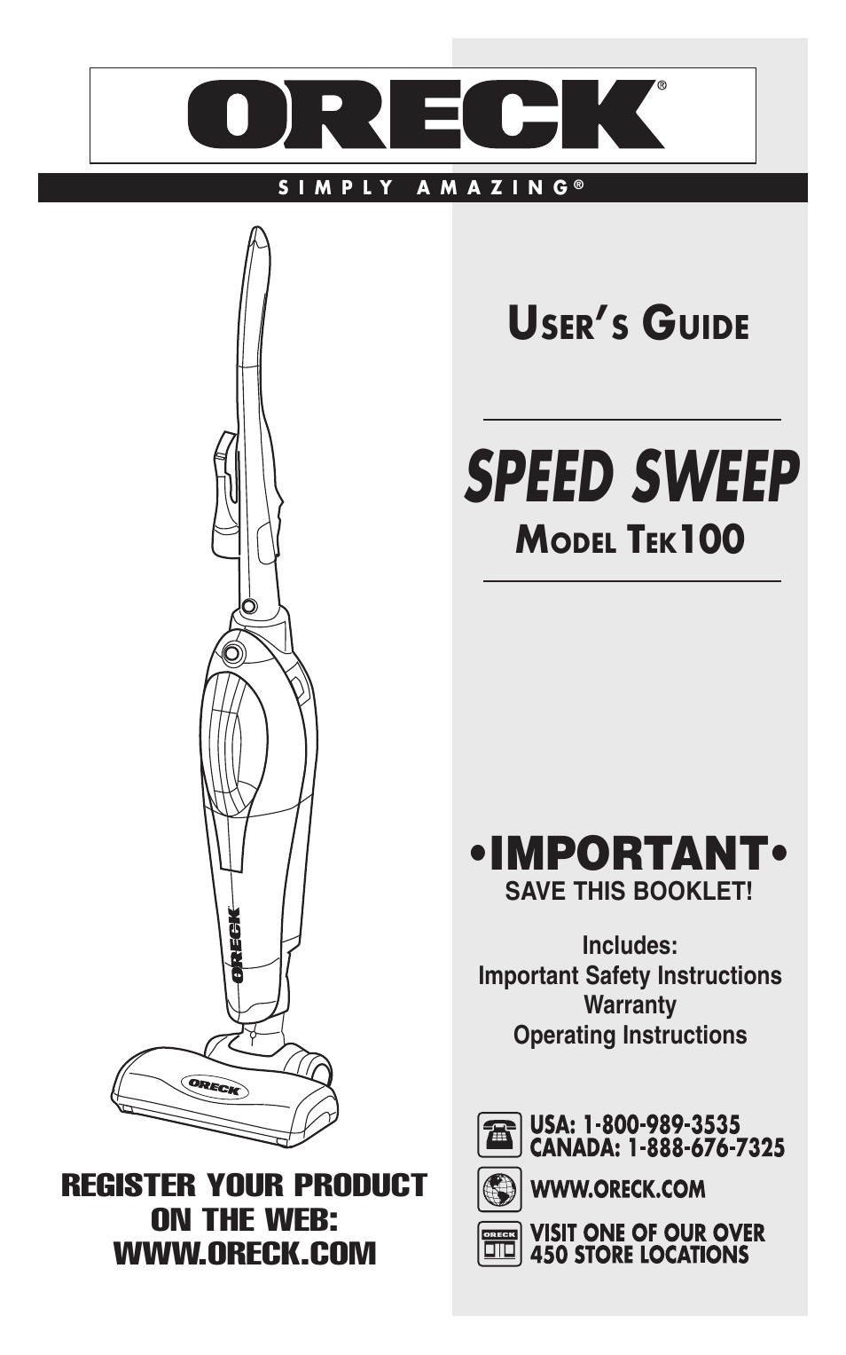 Oreck SPEED SWEEP TEK 100 User Manual | 12 pages