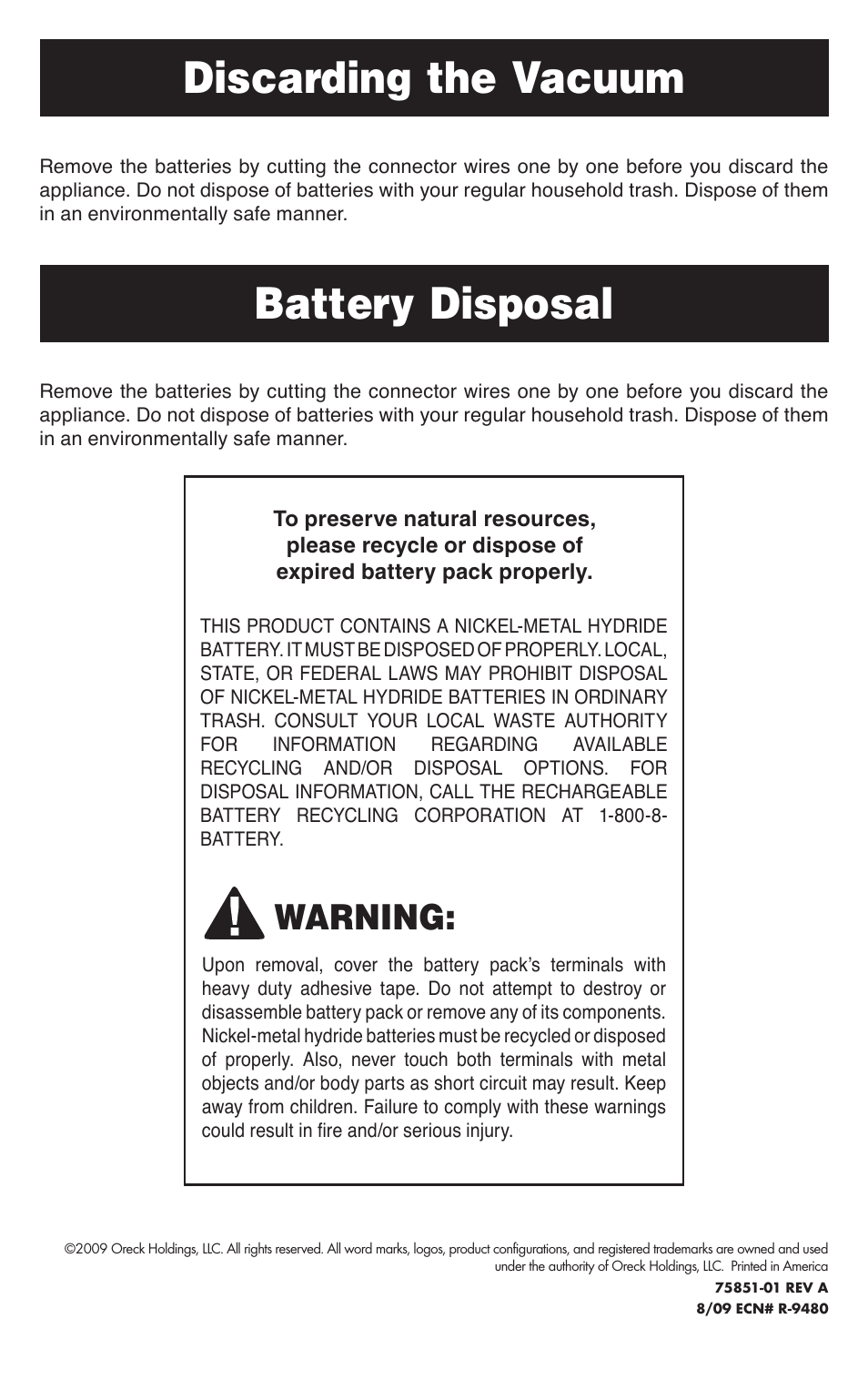Discarding the vacuum, Battery disposal, Warning | Oreck SPEED SWEEP TEK 100 User Manual | Page 12 / 12
