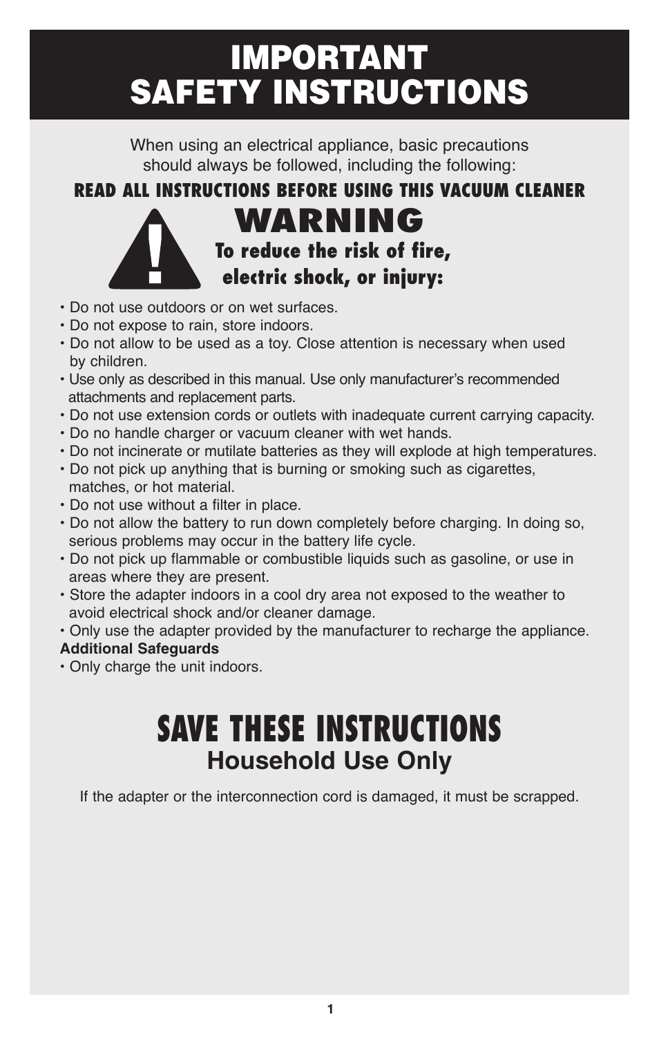 Save these instructions, Important safety instructions, Warning | Household use only | Oreck SPEED SWEEP TEK 100 User Manual | Page 2 / 12